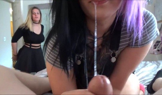 Tattooed chick tries cum after group sex 