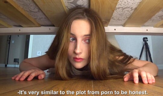 Sister stuck under the bed and brother quickly fucked her doggy style 