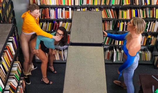 Brunette standing up fucked with a student in the library 