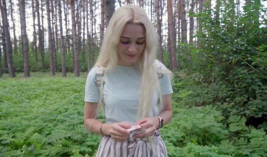 Russian blonde fell for money and now sucks in the forest 