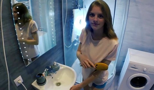A slender young woman in the bathroom caved in cancer for porn in the first person 