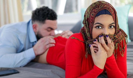 Brunette in a headscarf and her beard lover have classic sex 