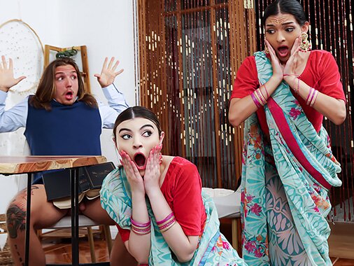 ⁣Two Indian Girls and Young White Guy in Interracial Group Porn 