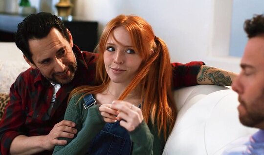 A skinny red-haired girl enthusiastically agreed to MFM sex 