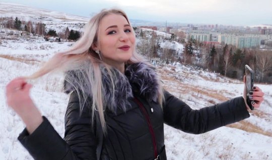 Russian girl in nature in the middle of winter fucks on video camera with her lover 