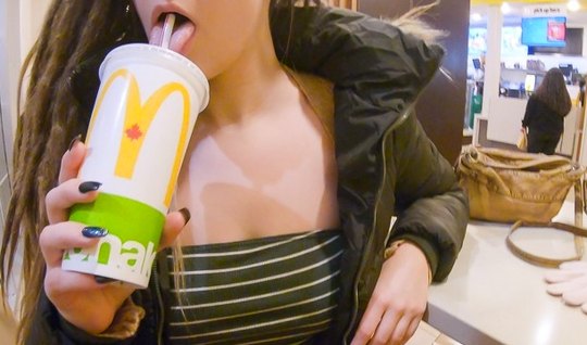 The guy in public takes off the girls naked breasts and her juicy pussy in panties 