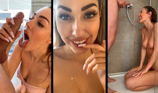 The guy pours the blowjob girl with water from the shower and gives her cheek close-up 