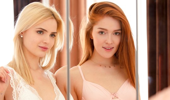 Redhead lesbian licks blonde pussy after shopping 