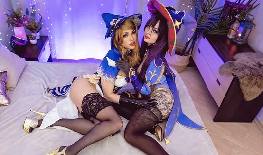 Lesbians have fun with sex toys in honor of Halloween 