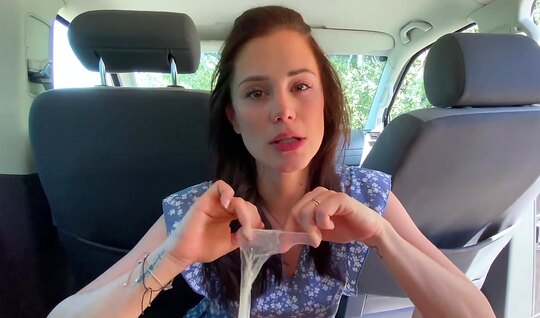 Cute guy fucked in pussy with a condom in the car 