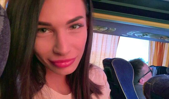 Russian girlfriend pampered a guy on a bus with a hot blowjob 